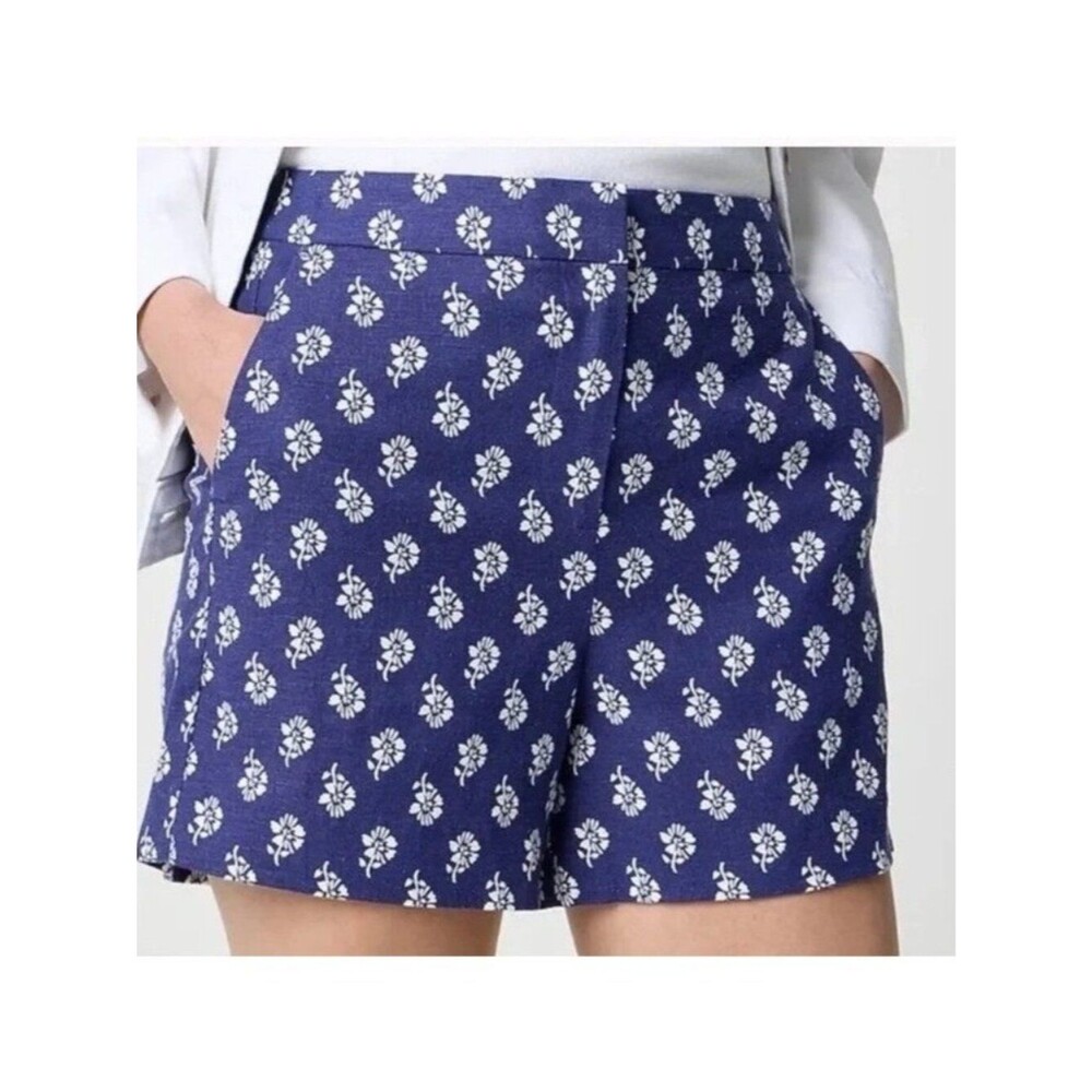 J Crew Womens 10 Blue White Floral Linen Blend Shorts Coastal Nautical NEW